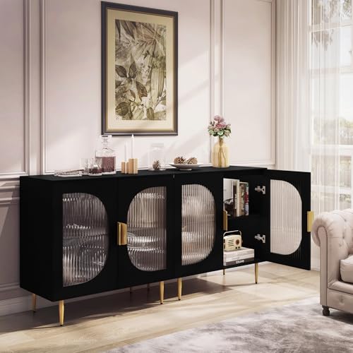 AERPOWER Sideboard Buffet Cabinet with 4 Glass Doors, Wood Accent Cabinet with Storage Shelves, Black Credenza Display Cabinet, Modern Storage Cabinet for Kitchen, Dining Room, Living Room, Hallway