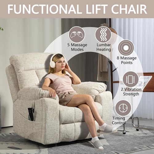 Power Lift Chair Lay Flat Recliner Infinite Position Electric Dual Motor Stand Up Lift Chair with Massage and Heat for Adults,Heavy Duty Recliners with 2 Remote Controls and Two Cup Holders