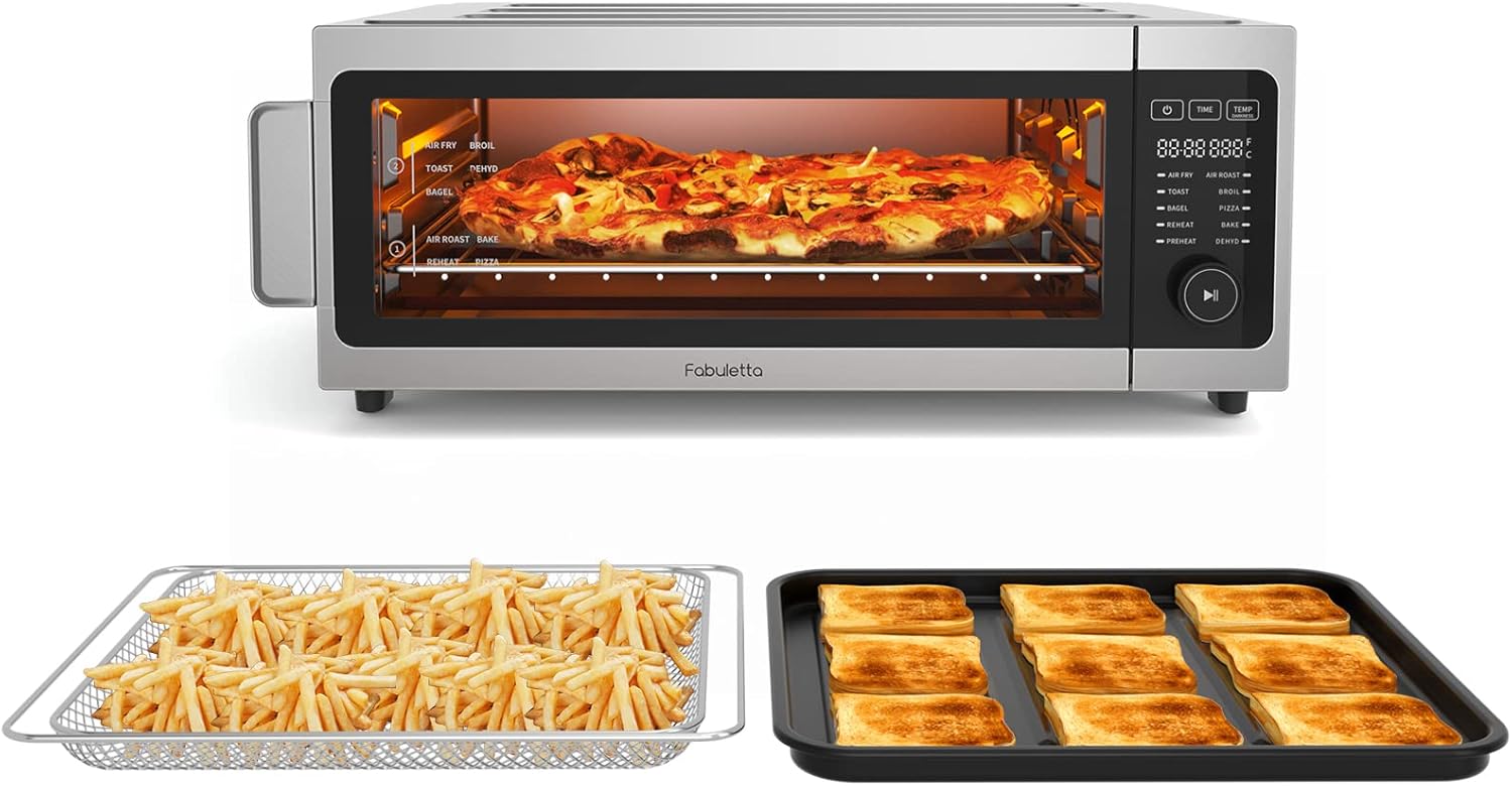Air Fryer Toaster Oven Combo, Fabuletta 10-in-1 Countertop Convection Oven, Oil-Less Air Fryer Oven Fit 13" Pizza, 9 Slices Toast, 5 Accessories, 1800W, Dehydrate, Reheat, Bake