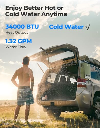 KEMIMOTO propane tankless water heater outdoor，1.32Gpm 34000 BTU Camping Portable Water Heater，Easy Installation, Lightweight for Taking，Suitable For Rv/Camping/Cabin
