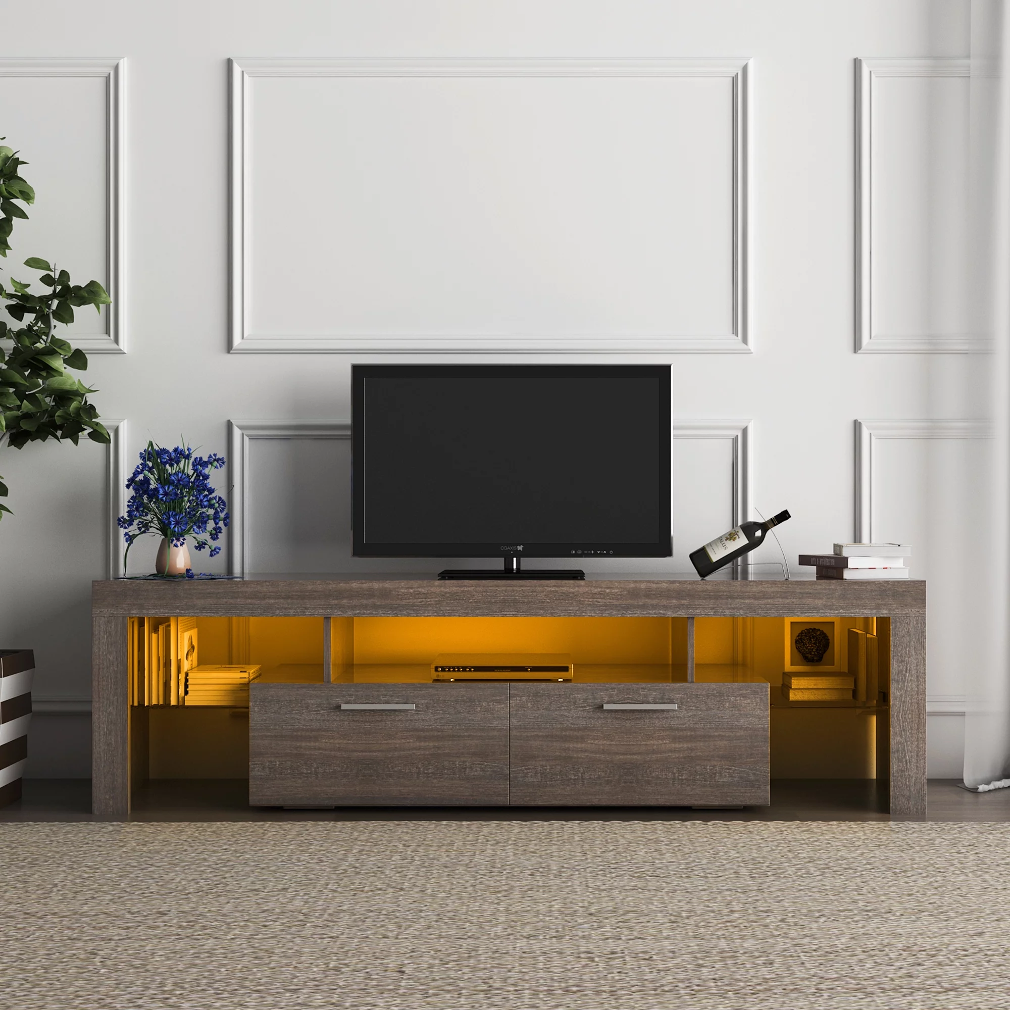 SYNGAR Brown TV Stand for Living Room up to 70" TV, Farmhouse TV Console Table Buffet Cabinet with Storage, Rustic Wooden TV Cabinet with 16-Color LED Lights, Entertainment Center, 63"L×14"W×18"H