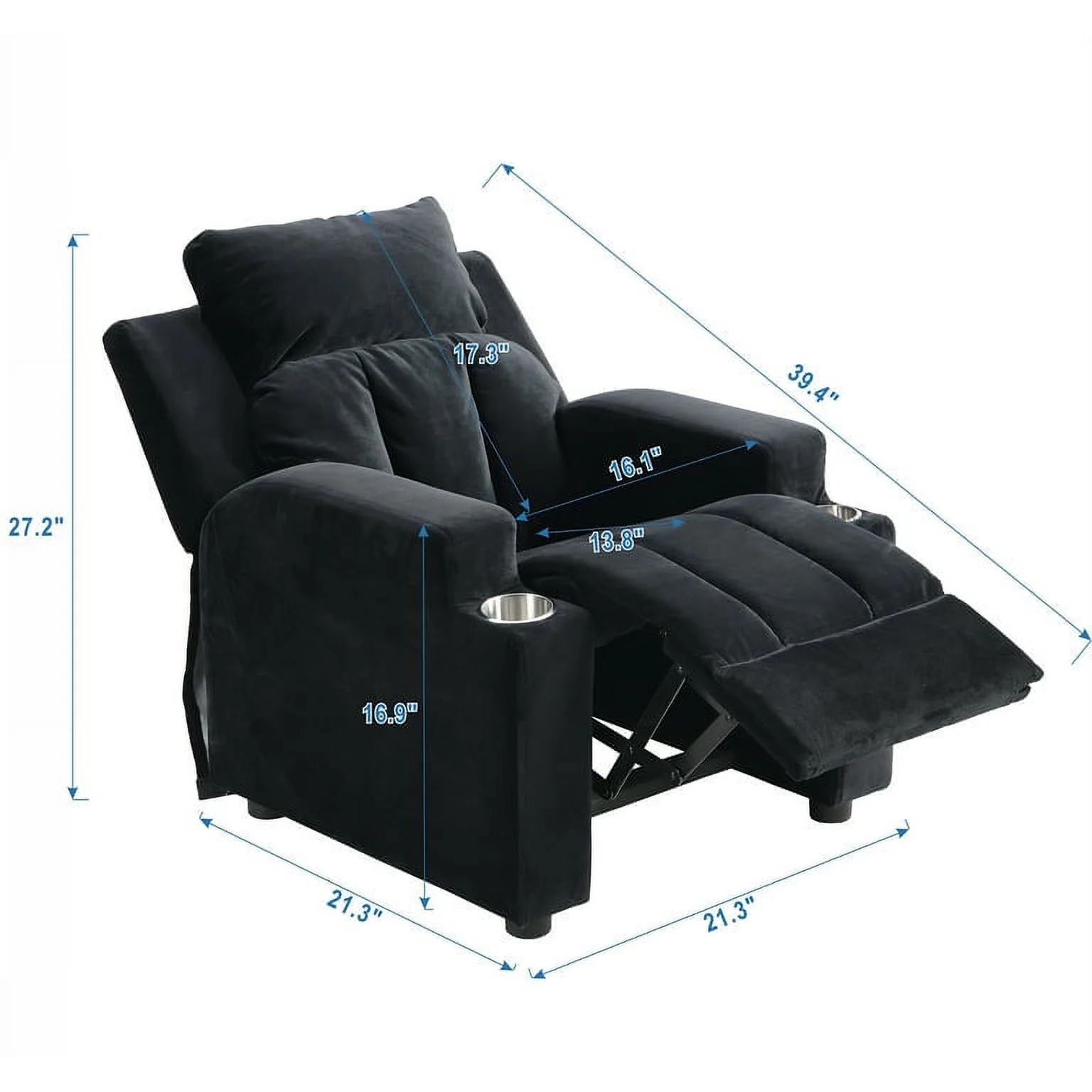 Kids Recliner Chair Upholstered Couch with Two Cup Holder, Footrest, Backrest, Toddlers Velvet Recliner with Headrest and Footrest