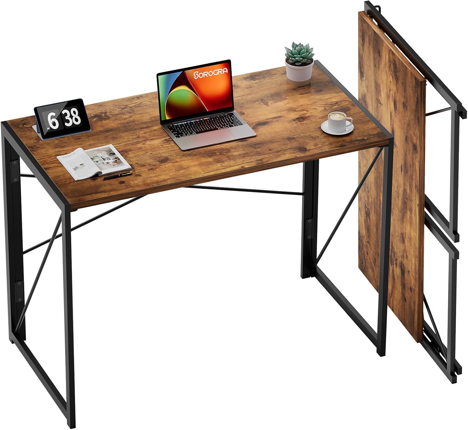 Coavas 31.5 inch Folding Desk No Assembly Required, SOROGRA Folding Desk Small Foldable Desk 31.5 inch with Led Lights for Small Space