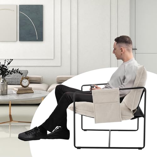 Sling Accent Chair Set of 2 Mid Century Modern Accent Chair with Metal Frame,Upholstered Reading Armchair with Side Pocket for Living Room,Bedroom (Beige)