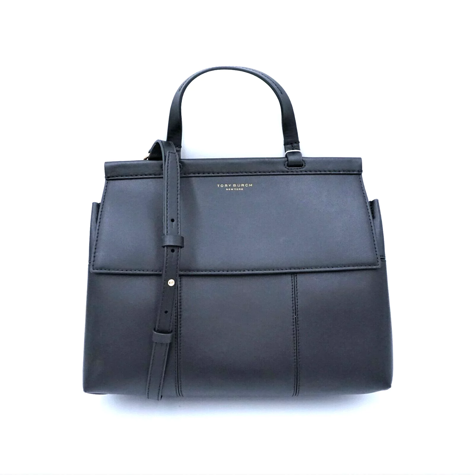 Tory Burch 66285 Black Leather With Gold Hardware Women's T Satchel Bag