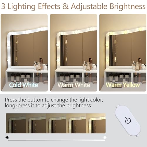 Makeup Vanity Desk with Large Mirror & LED Lights, 9 Drawers White Vanity Table with Power Outlets, Dressing Table with 3 Cubby for Bedroom, Modern Makeup Vanity for Women, Girls (White)