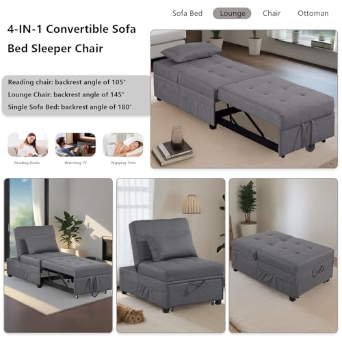 Convertible Sofa Bed, 4-in-1 Sleeper Chair Bed Adjustable Recliner Sofa, Pull Out Folding Lounger Sleeper Couch Bed with Pillow for Living Room, Bedroom and Small Space (Dark Gray)
