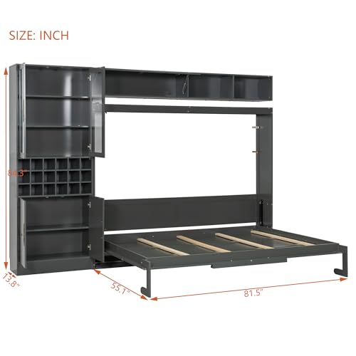Merax Queen Size Murphy Bed Wall Bed with Sofa, Shelves, USB & Light - Space Saving Foldable Bed for Small Apartments, Grey