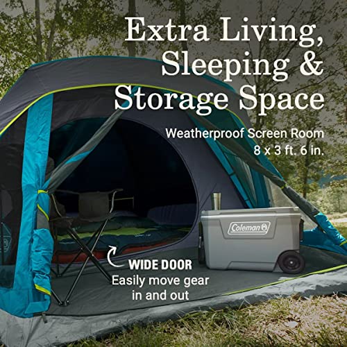 Coleman Skydome Camping Tent with Dark Room Technology and Screened Porch, Weatherproof 4/6 Person Tent Blocks 90% of Sunlight, Sets Up in 5 Minutes, and includes Extra Storage/Sleeping Place