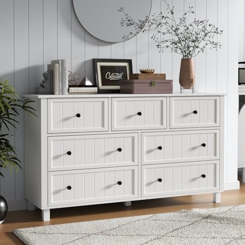 Farmhouse Dresser with 7 Drawers, White Dresser for Bedroom, Chest of Drawers, Modern Dresser for Closet, TV Stand with Large Drawers, Storage Dresser Organizer Clothes for Living Room, Hallway