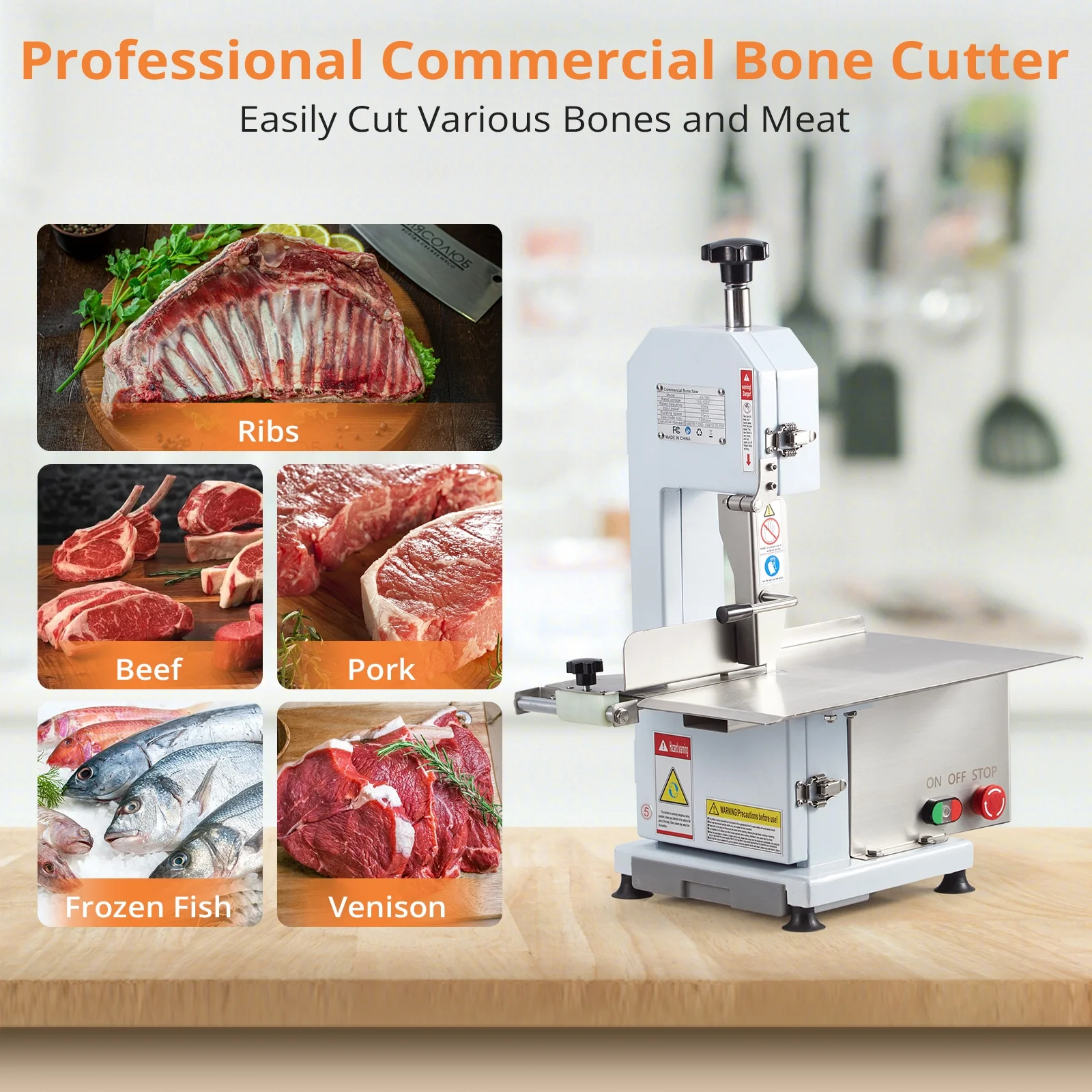 Homhougo—750W Electric Bone Saw Meat Cutting Machine,Commercial Bone Cutting Machine,Stainless Steel Blade Bone Cutting Machine,Butcher Band Saw Table Thickness 0-8.3 Inches Fish, Pig, Beef