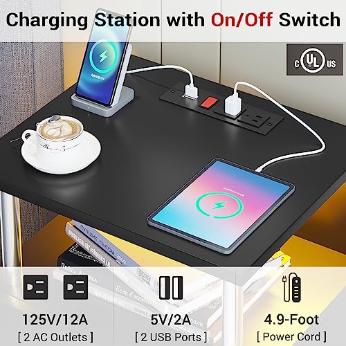 AOGLLATI Nightstand with Charging Station and LED Lights, Nightstands Set of 2, Bedside Table with Open Storage and 2 Drawers, 2 USB Ports, 2 Outlets, Modern End Side Table for Bedroom, White