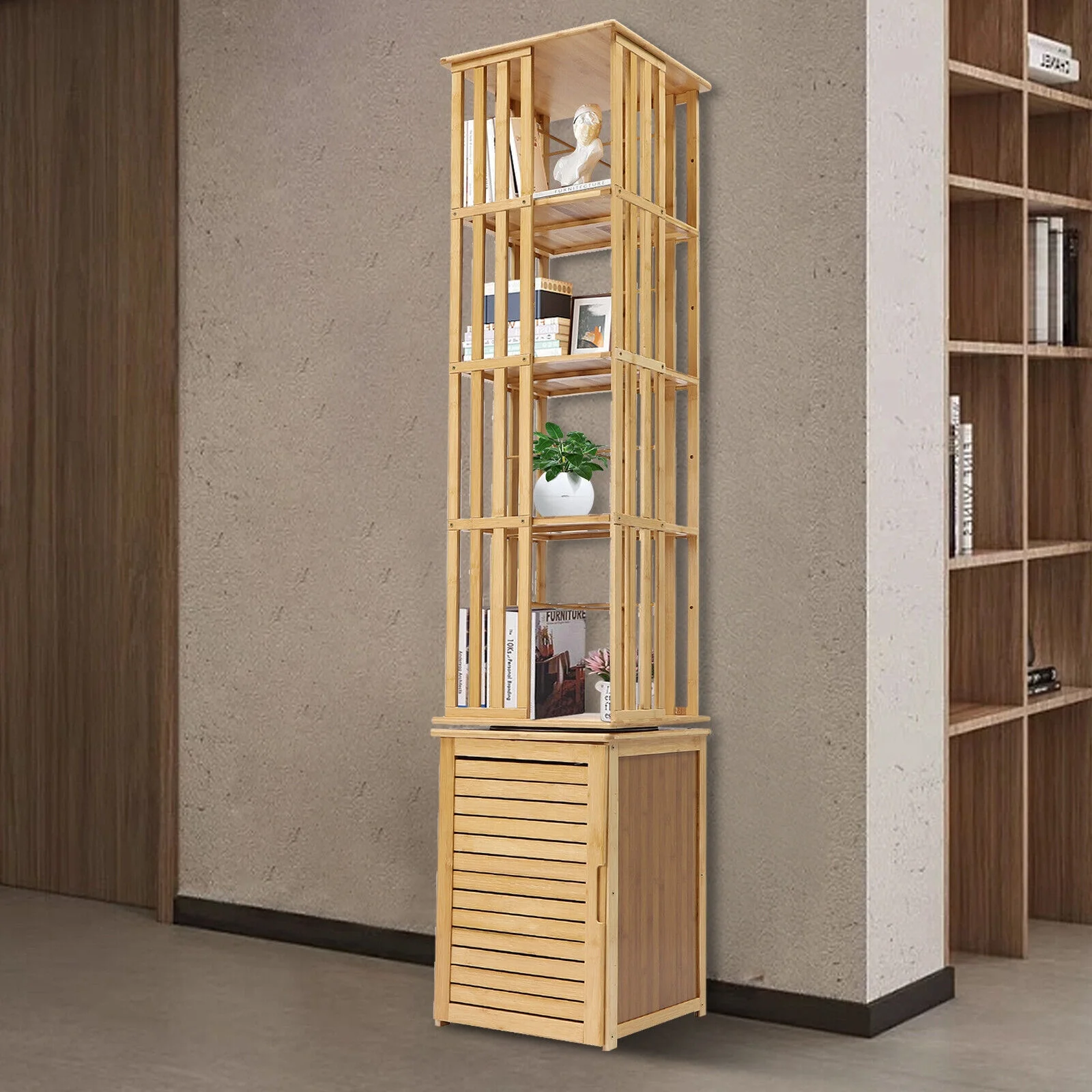 ZhdnBhnos 6 Tier 360° Rotating Corner Bookshelf Floor Standing Revolving Bookcase Bamboo Storage Rack Narrow Book Shelf Organizer for Bedroom, Living Room, Study Room
