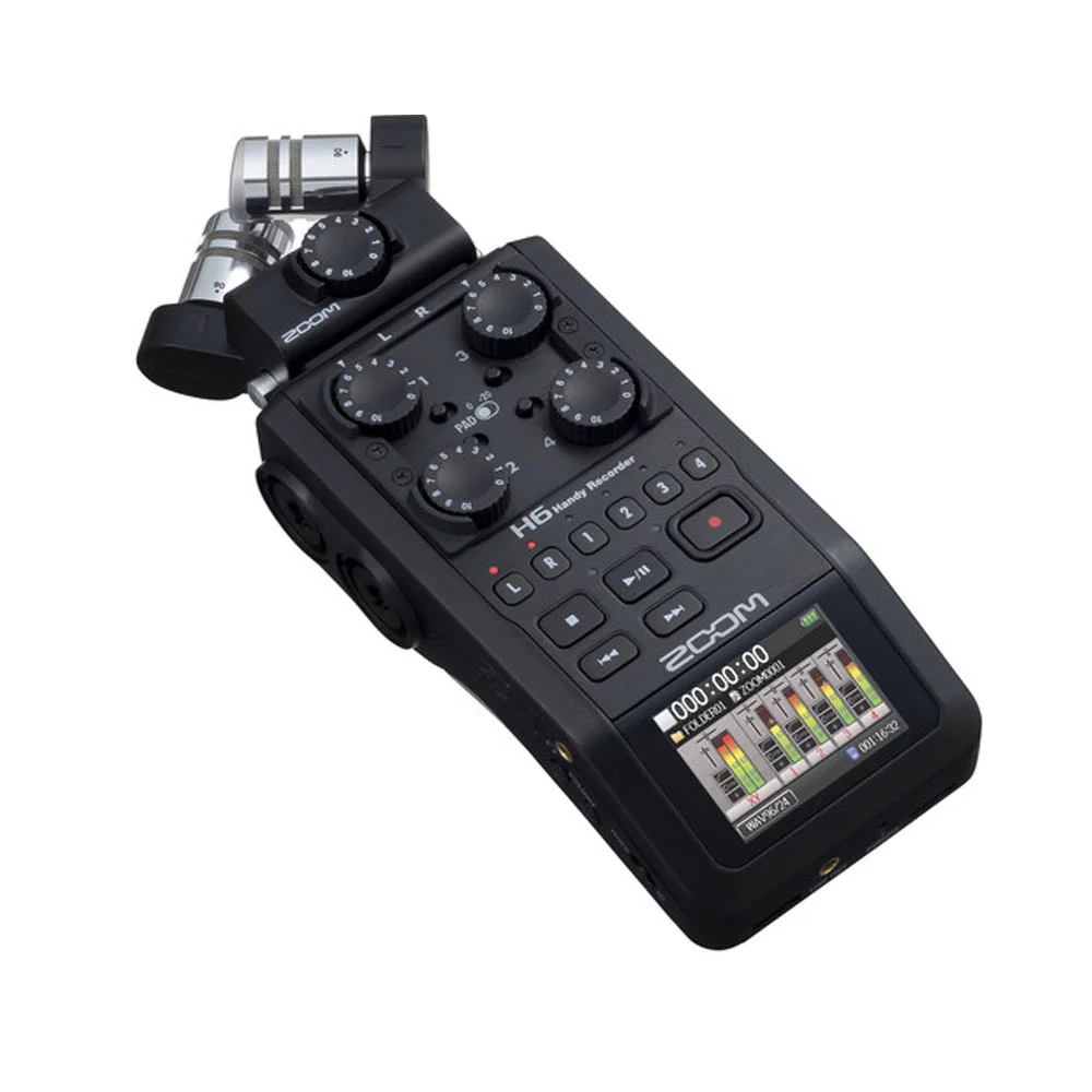 Zoom H6 All Black 6-Input /6-Track Portable Handy Recorder with Single Mic Capsule + Headphones + Dynamic Microphone + 32GB Memory Card + Batteries and Charger + Accesories
