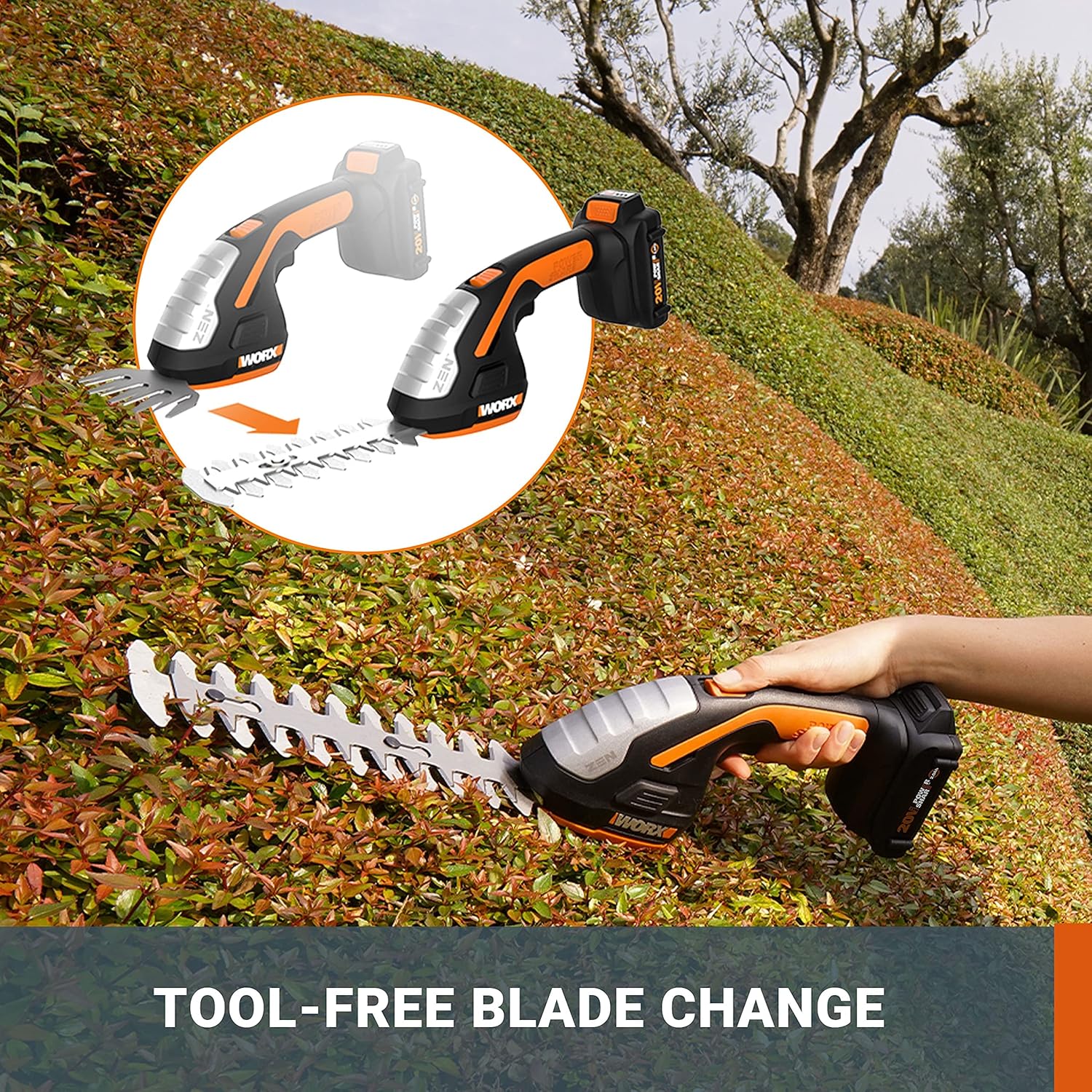 WORX 8" Cordless Shrubber Trimmer Grass Shear 20V PowerShare, Battery and Charger Included WG801.1 （Without Grass Shear Blade）