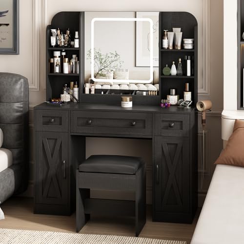 Vabches Makeup Vanity Desk, Vanity Mirror with Lights Desk and Chair,Makeup Table with 3 Large Drawers and 2 Cabinets, Time and Temperature Display, 3 LED Lighting Modes Adjustable, White
