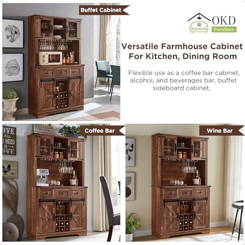 OKD 72" Farmhosue Bar Cabinet with Sliding Barn Door, Large Kitchen Buffet with Hutch w/Wine & Glasses Rack, 3 Drawers, 12 Storage Shelves, Rustic Coffee Bar Sideboard Table, Antique Brush White