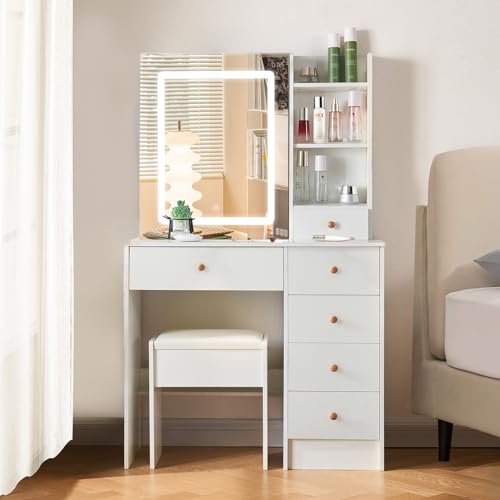 Makeup Vanity with Lights, Makeup Vanity with Sliding Mirror and LED Lights, Vanity Table Set with 5 Drawers and Stool,Shelves,Bedroom Vanity Mirror with Lights Desk and Chair,White