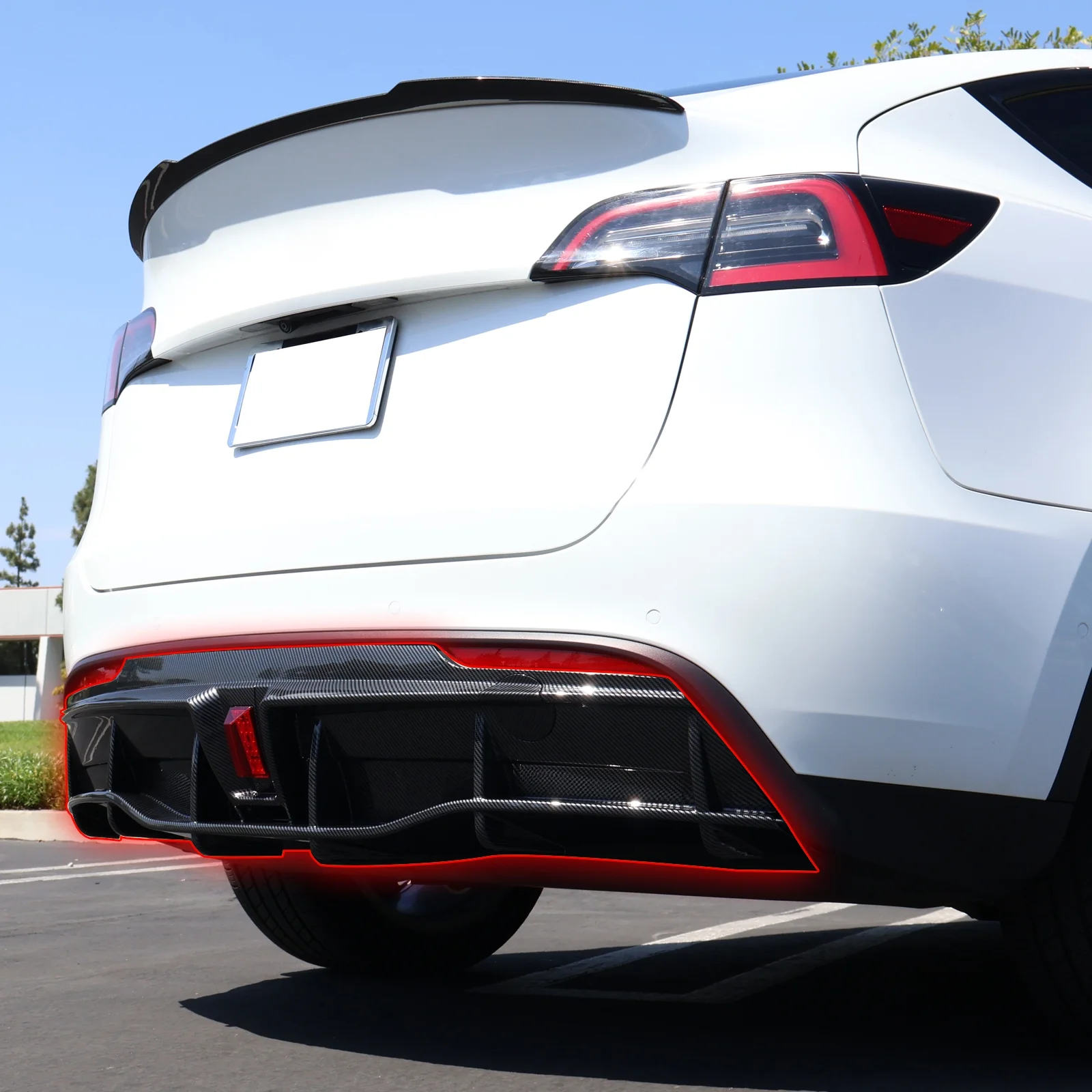 Ikon Motorsports Rear Diffuser Lip Compatible With 2020-2023 Tesla Model Y Sport 4-Door Carbon Fiber Print IKON Style PP Rear Lower Bumper Protector Lip With LED Lamp
