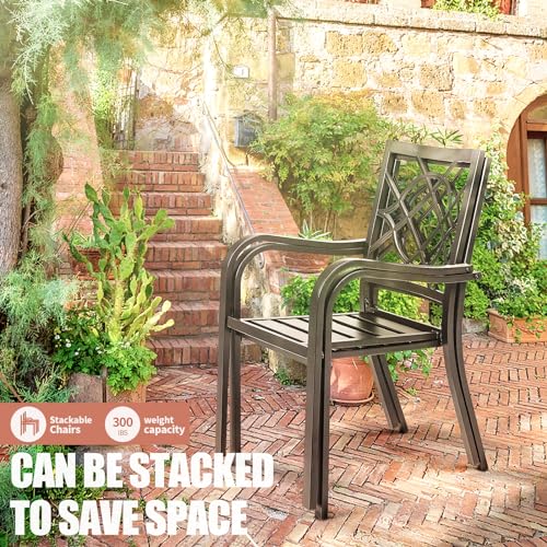 SUNCROWN 5-Piece Outdoor Wrought Iron Chairs and Table Patio Dining Furniture Set - 4 Stackable Metal Chairs, 1 Steel Slat Bistro Table for Garden Backyard Deck