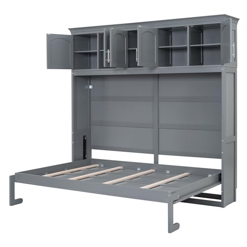 Full Size Murphy Bed with Built-in Wardrobe, 3 Drawers and 3 Open Shelves, Murphy Cabinet Bed with a Long Shelf, Bed Frame Can Be Folded Into A Cabinet, Space-Saving Design