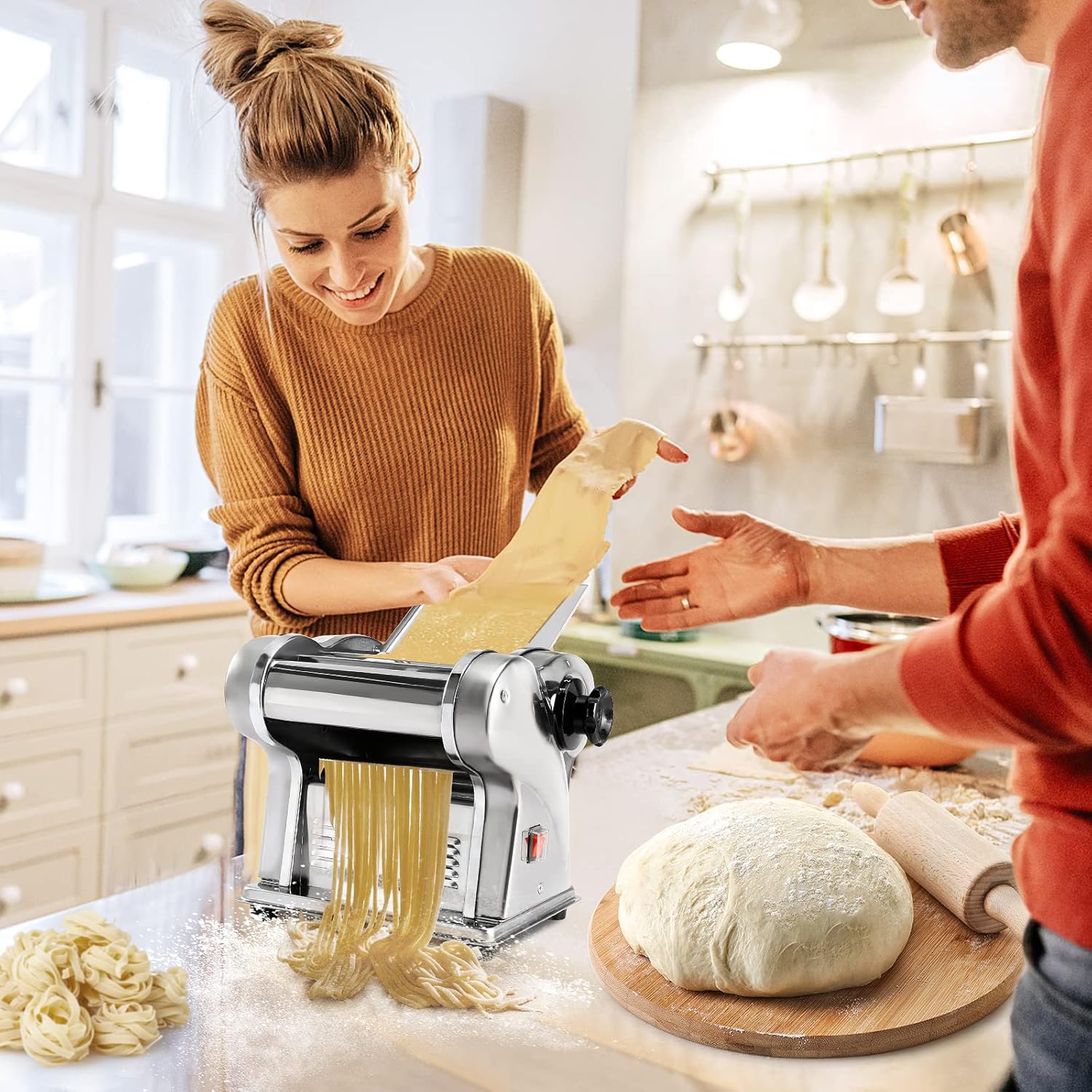 Dyna-Living Electric Pasta Maker Noodle Maker Machine Dough Spaghetti Roller Pressing Machine Thickness Adjustable Stainless Steel 135W for for Home Family Use (1.5mm round noodle+4mm flat noodle)