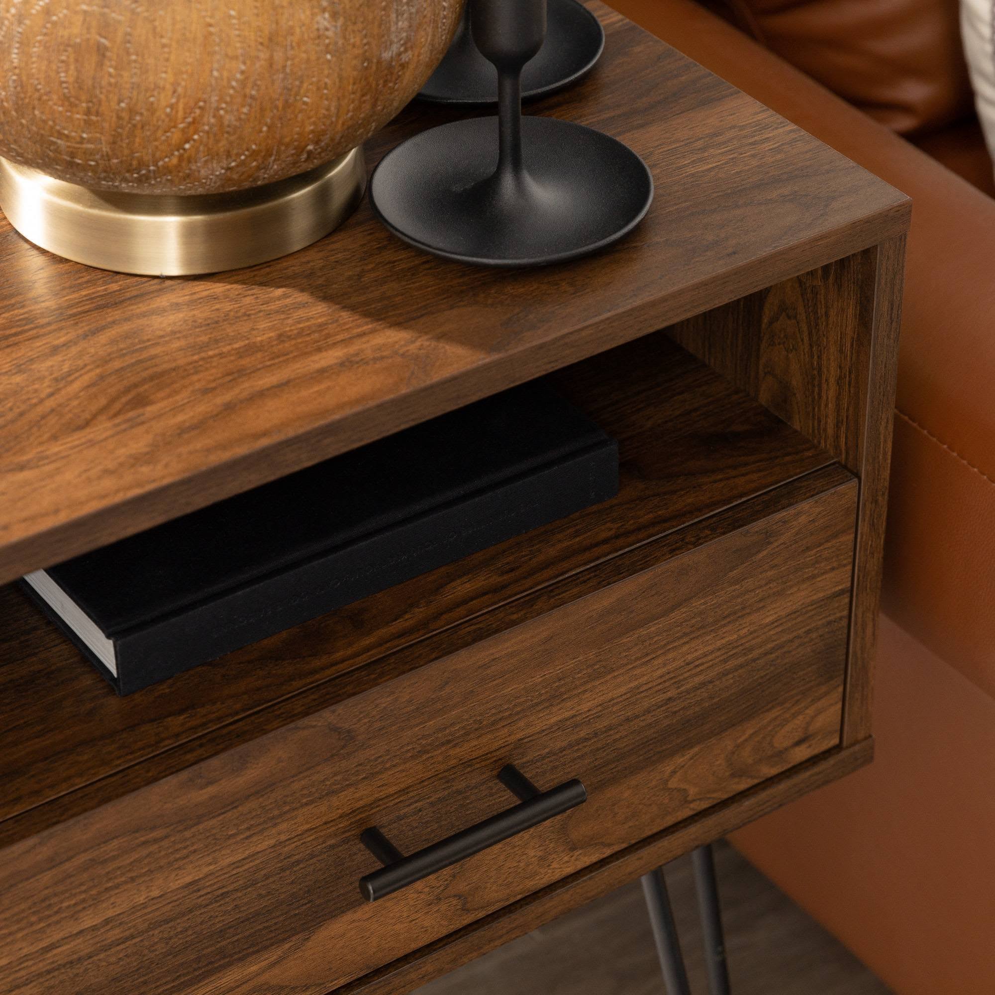 Amal Modern Single Drawer Hairpin Leg Side Table Dark Walnut - Saracina Home