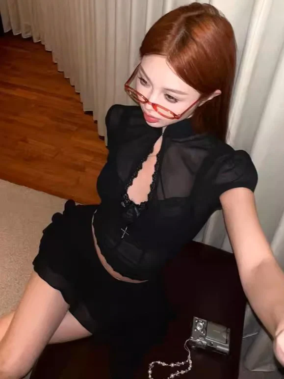'Prayers' Sexy Mesh Long-Sleeve Top & Mini Skirt Two-Piece Set