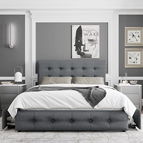 Queen Bed Frame with 4 Storage Drawers and Adjustable Headboard, Upholstered Platform Bed with Button Tufted Design, Strong Wooden Slats Support, No Box Spring Needed, Black