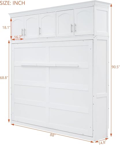 MERITLINE Queen Horizontal Murphy Bed Cabinet with Storage Bookcase Shelves and Charging Station,Wood Folding Grey Murphy Wall Bed for Adult