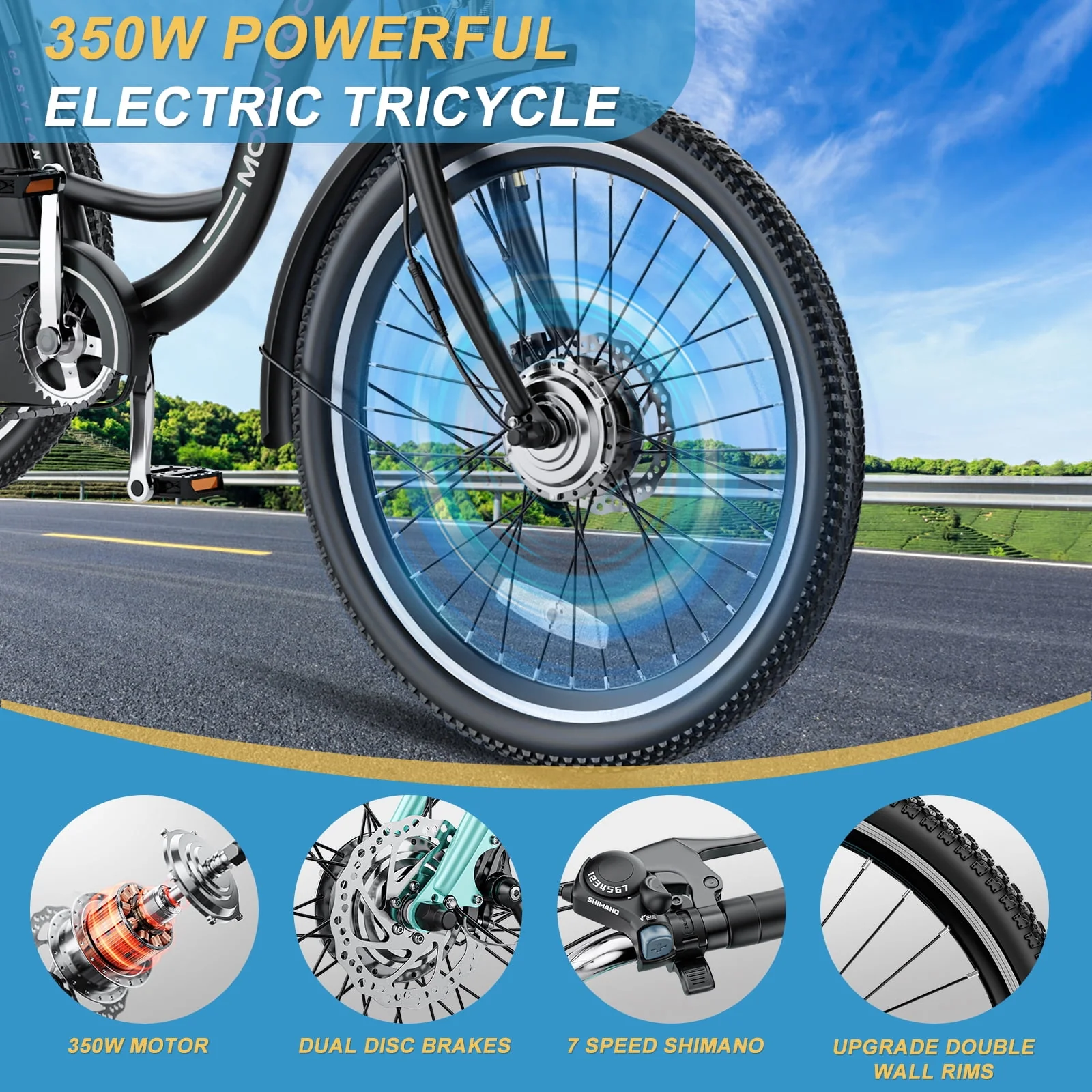 Lilypelle Adult Electric Tricycles,3 Wheel Electric Bike,15.5 Mph Electric Trikes for Seniors,7-Speed & 4 Adjustable Riding Modes Electric Tricycle With Removable Lithium Battery