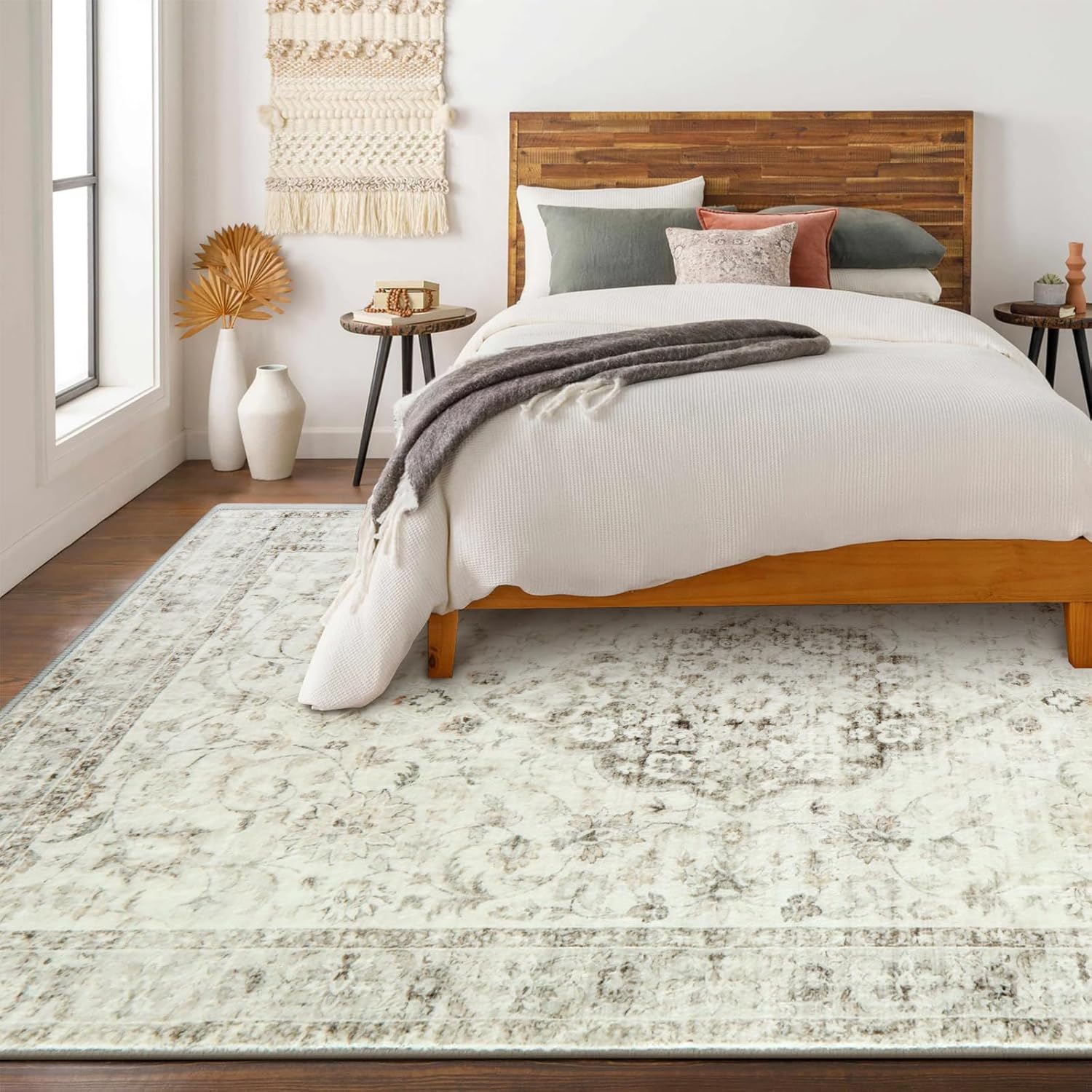 LIVEBOX Machine Washable Area Rugs 8x10 - Large Farmhouse Rugs for Living Room Oriental Rug for Bedroom, Non-Slip Retro Medallion Carpet Print Distressed Rug for Dining Room Guest Room Office, Taupe