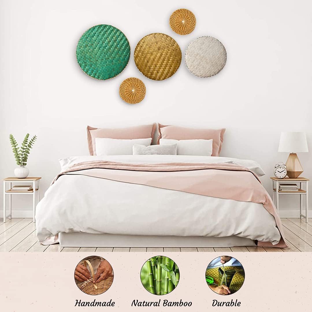Wicker Wall Decor - Bamboo Wall Basket Decor Boho Flat - Woven Basket Wall Decor Set of 5 - Flat Baskets for Wall - Wicker Wall Hanging Serving Tray Pack of 2