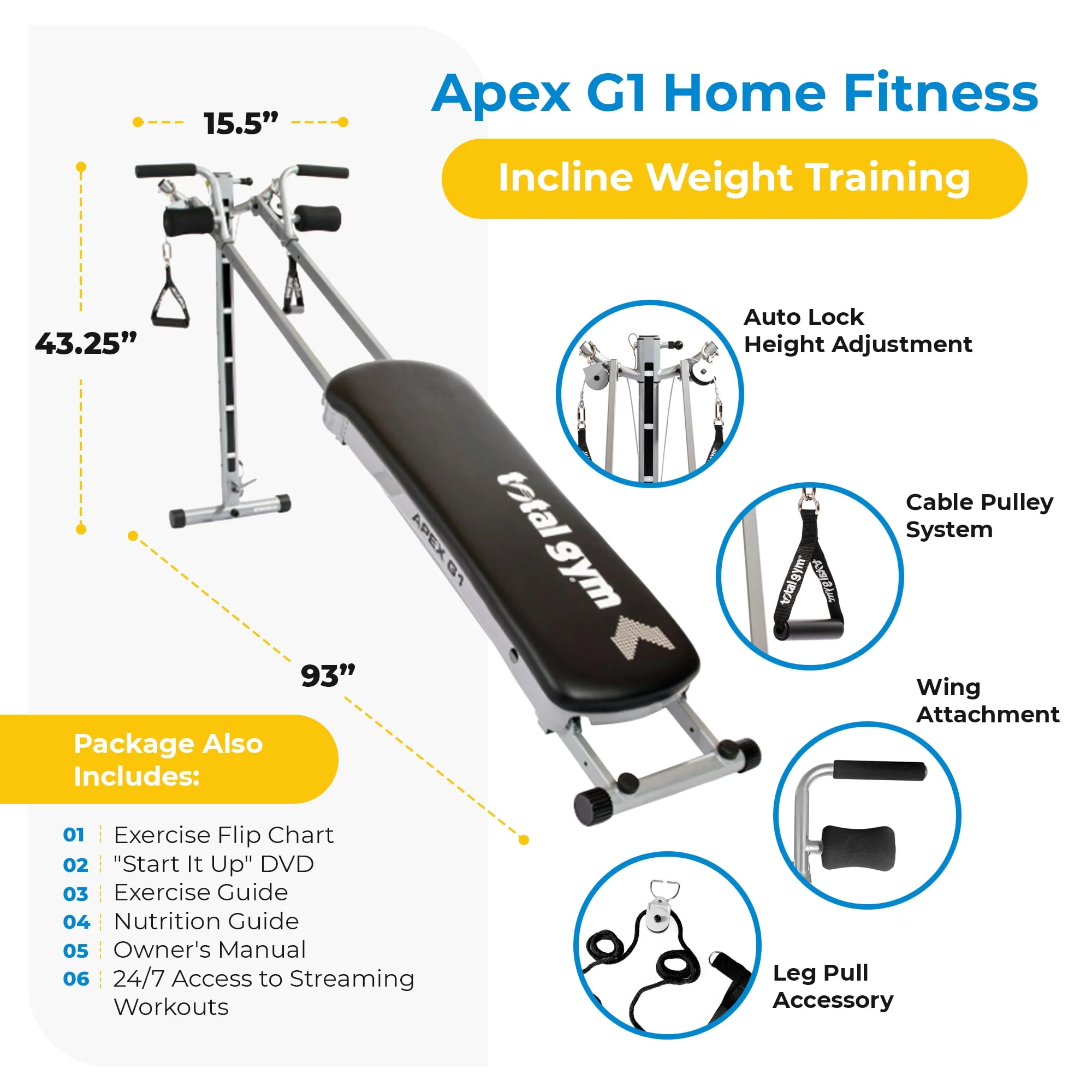 Total Gym APEX G5 Home Fitness Incline Weight Training with 10 Resistance Levels