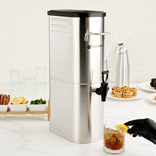 Restaurantware Bev Tek 3 Gallon Iced Tea Dispenser 1 Slim Design Iced Tea Server - No-Drip Spigot Cold & Hot Drink Friendly Silver 13/0 Stainless Steel Iced Beverage Dispenser With Handles