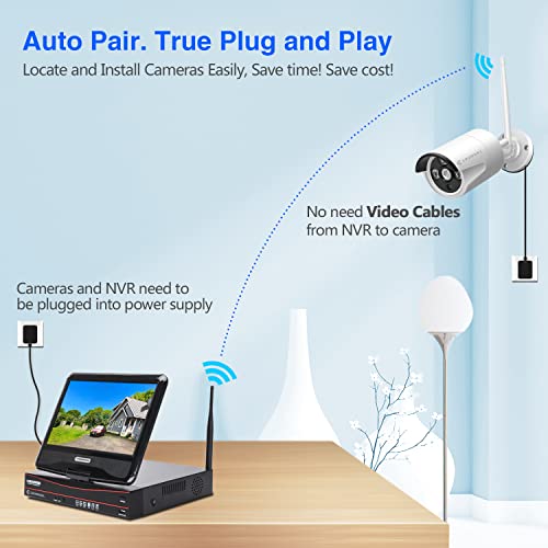 10CH Expandable Wireless Security Camera System with 10.1" Monitor 4pcs 5MP Indoor Outdoor Camera 1-Way Audio Night Vision Motion Detection Home Business CCTV Surveillance 1TB HDD