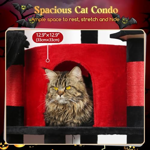 Globlazer Corner Cat Tree for Large Cats, 66inch Tall Curved Series Large Cat Tower for Multiple Indoor Cats with 6 Scratching Posts, 2 Spacious Cat Condos, Hammock, Hanging Basket, C66, Beige