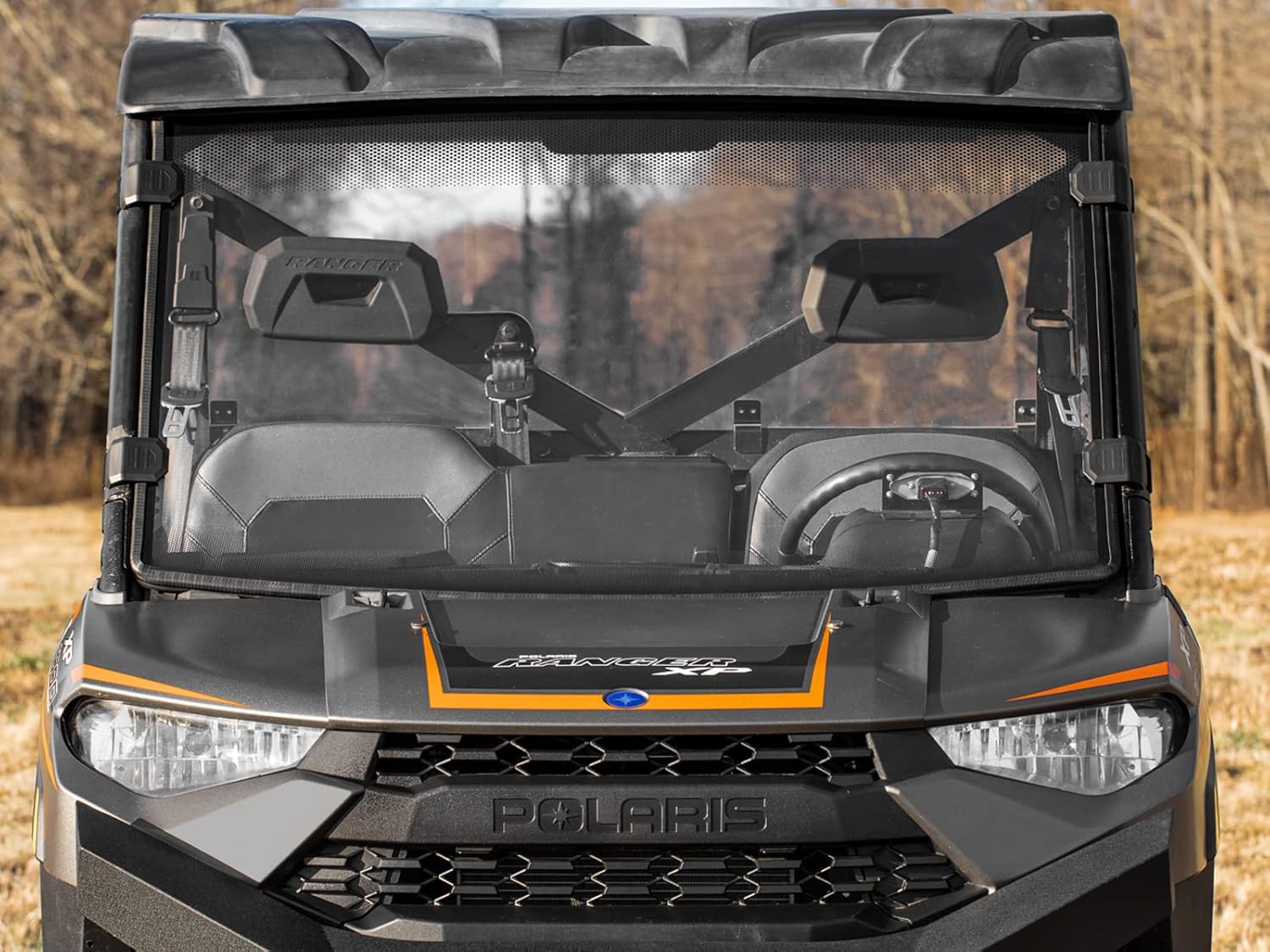 SuperATV Clear Scratch Resistant Full Windshield for Polaris Ranger XP 1000 / Crew (See Fitment) | 1/4 Polycarbonate | Protects Against Debris and Elements | Mountains Windshield Print | USA Made!