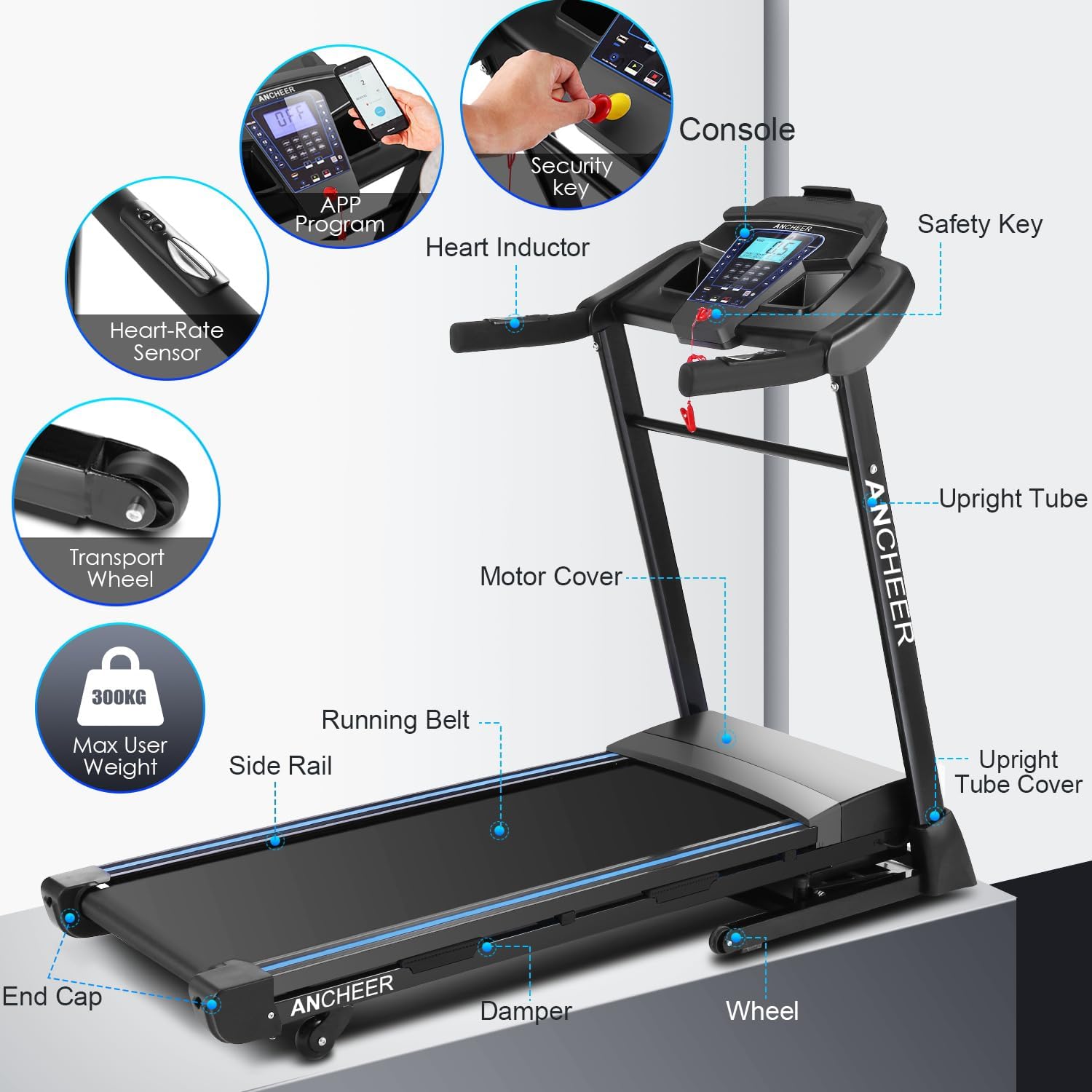 ANCHEER 3.25HP Treadmill with Auto Incline 15%,300lb Capacity APP Folding Treadmills for Home,Electric Smart Control Running Machines with Bluetooth Speaker,LCD Dispaly