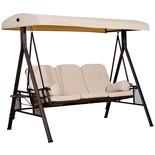Outsunny 3-Seat Patio Swing Chair, Outdoor Porch Swing Glider with Adjustable Canopy, Removable Cushion, Pillows and Side Trays, for Garden, Poolside, Backyard, Brown
