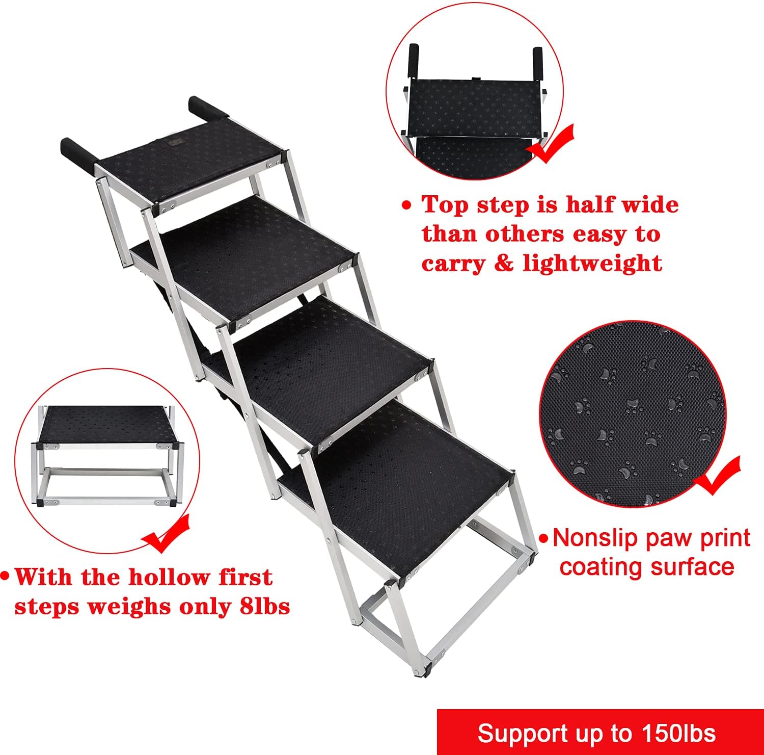 Portable Dog Stairs for Large Dogs, Foldable Aluminum Lightweight Pet Ramps,Accordion Pet Ladder Dog Car Steps with Non-slip Surface for High Beds, Trucks, Cars and SUV, Supports up to 200 lbs