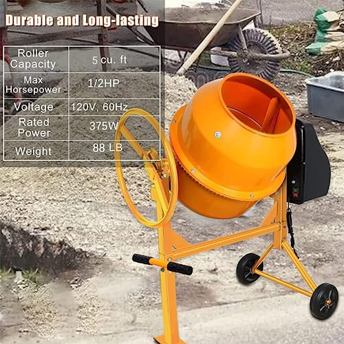 Electric Cement Mixer, 5 cubic Ft, Portable Concrete Mixer Machine, Wheelbarrow Cement Mixing Tools for Stucco