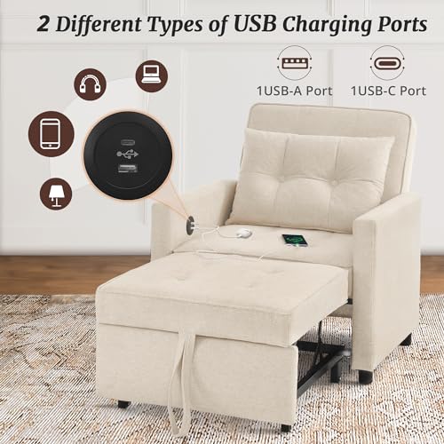 Sofa Bed Chair, 3 in 1 Convertible Sleeper Chair Bed for Adults, Pull Out Chair Sleeper, Adjustable Reading Chair with 2 Pillows and Backrest, Multi-Functional Couch Bed for Small Space