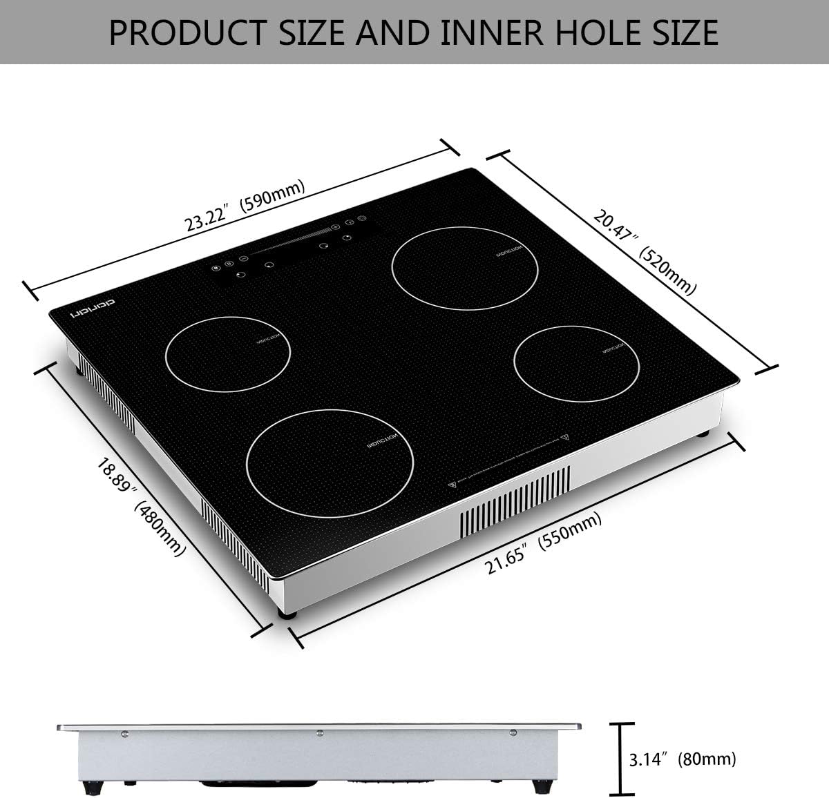 24 Inch Induction Cooktop, Stove Top Electric Cooktop, 4-Burner Electric Induction, Black Vitro Ceramic Smooth Surface Glass Gasland Chef, 220V Electric Induction Cooker, Timer & Safety Lock.