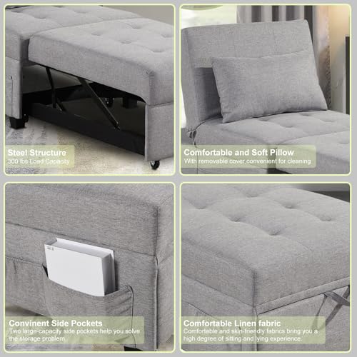 Sofa Bed Chair, 4 in 1 Convertible Sleeper Chair Bed Ottoman, Linen Fabric Pull Out Sofa Bed with Adjustable Backrest & Pillow, Single Recliner Chair for Small Space, Living Room