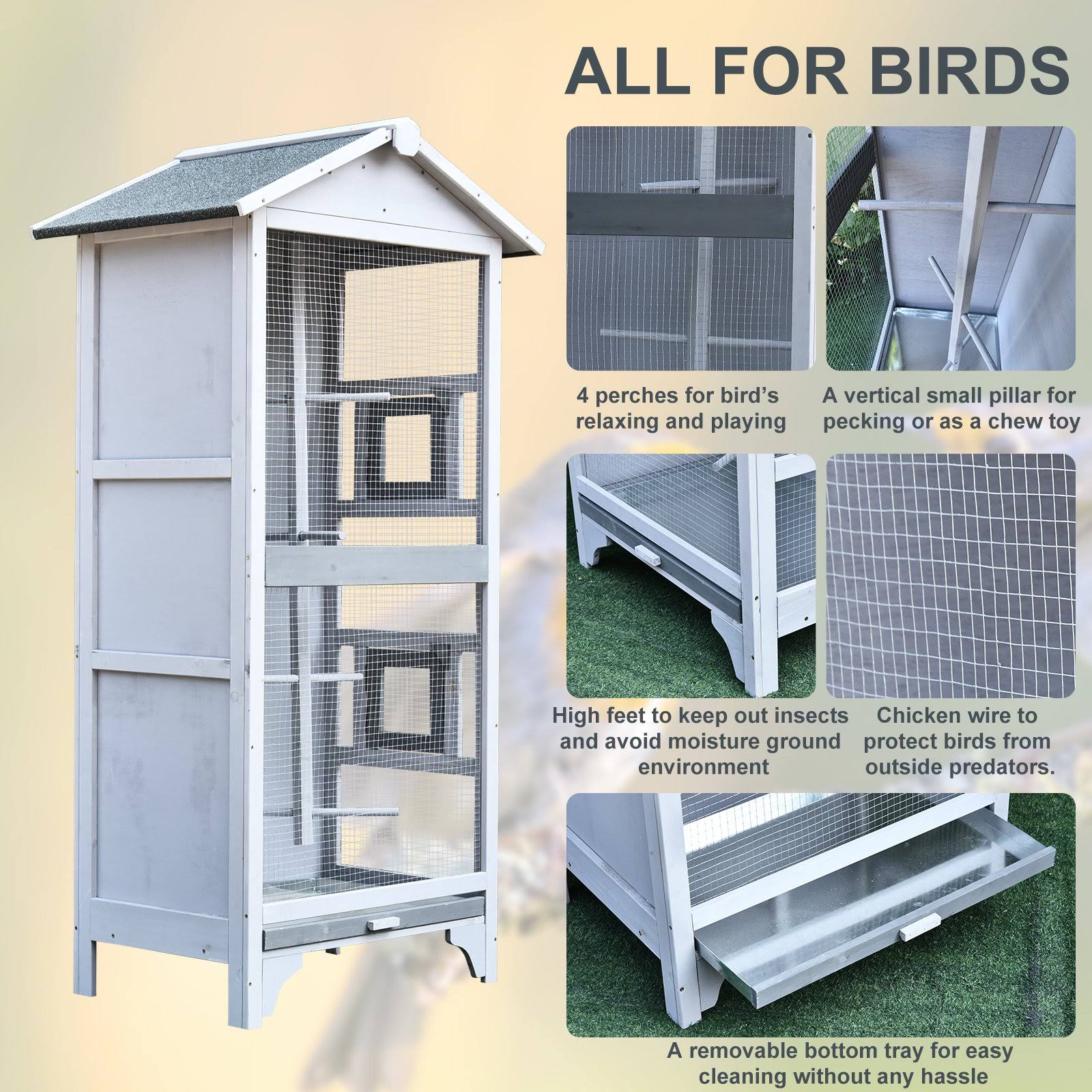 Pawhut Outdoor Wooden Aviary Bird Cage Large Play House w/ Removable Bottom Tray - Grey