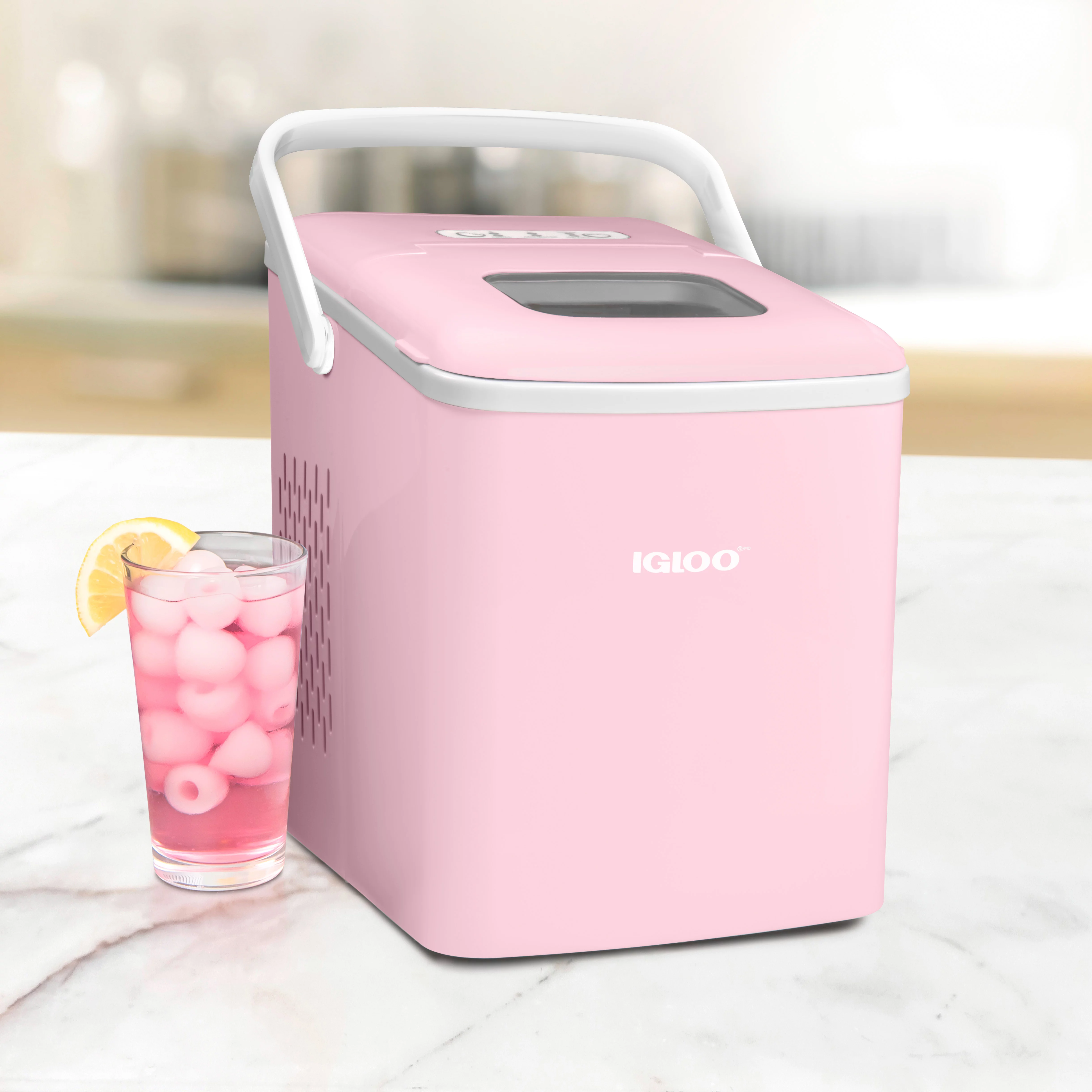 Igloo IGLICEB26HNPK 26-Pound Automatic Self-Cleaning Portable Countertop Ice Maker Machine With Handle, Pink
