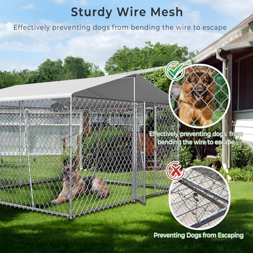 Upgraded 10×10×7FT Outdoor Dog Kennel with Roof, Large Dog House Pen Enclosure with Sidebar, Heavy Duty Chain Link Dog Kennel with Lock for Outside Backyard
