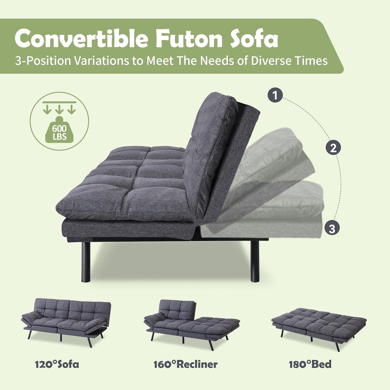 Futon Bed Sofas, Authentic Gray