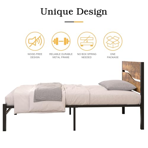 VECELO 2 Set Twin Bed Frame with Wood Storage Headboard & Footboard, Heavy Duty Metal Platform, Large Under Bed Storage, Noise-Free, No Box Spring Needed, Easy Assembly, Rustic Brown